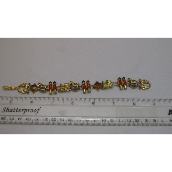 Vintage CHRISTMAS BRACELET Sliding Charm Enamel Gold Tone Horse Train Soldier - Picture 1 of 5